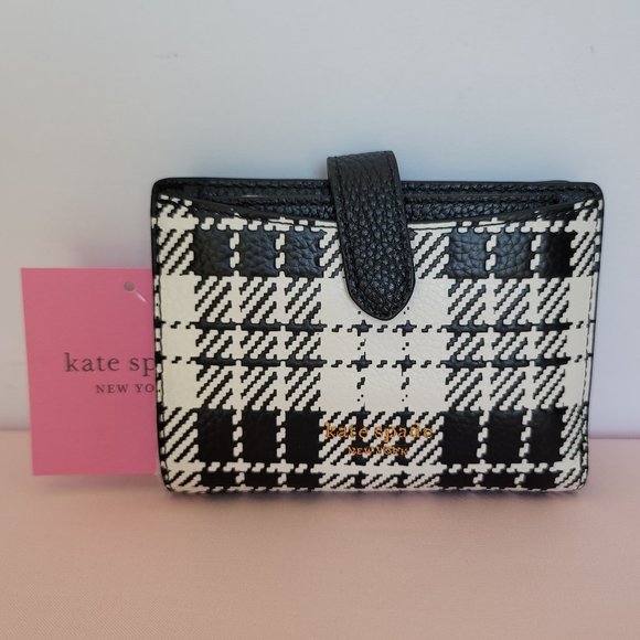 KATE SPADE Hudson SMALL Posh Plaid Embossed Pebbled Leather Bifold Wallet-Black⭐ - Picture 3 of 15